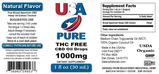 USA Pure CBD - 1000mg THC Free CBD Oil label