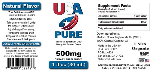 USA Pure CBD oil 500mg bottle label