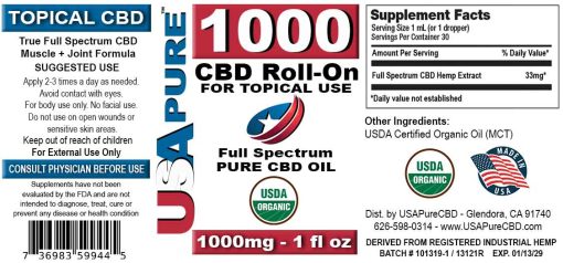 Topical CBD Oil 1000mg - USA Pure CBD bottle label