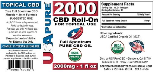 Topical CBD Oil 2000mg - USA Pure CBD bottle label