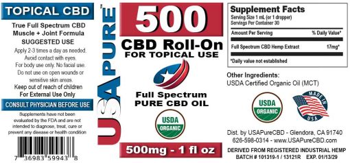 Topical CBD Oil 500mg - USA Pure CBD bottle label